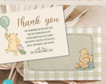 Classic Winnie the pooh baby shower thank you card & Envelope printable, Custom thank you card, Gender Neutral Thank you template, Canva