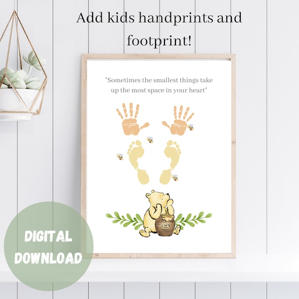 Winnie the Pooh Handprint Art, Sometimes the smallest things take up the most space in your heart, Pooh bear quote, Classic Pooh Nursery art