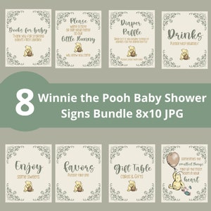 Classic Winnie the Pooh Baby Shower Decorations. Decor Pooh Sign Bundle, Gender Neutral Vintage Pooh Bear, Sign Guestbook, Diaper Raffle
