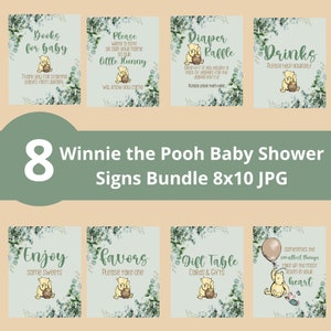 Winnie the Pooh Baby Shower Decorations. Sage Decor Pooh Sign Bundle, Gender Neutral Vintage Pooh Bear, Sign Guestbook, Diaper Raffle