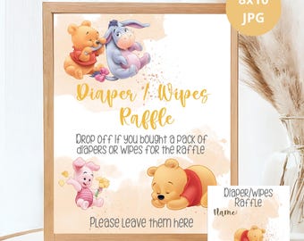 Diaper & Wipes Raffle Sign, Classic Winnie The Pooh, Baby shower Game, for Baby Shower Baby Pooh Table Sign, Little Hunny Party Poster Decor
