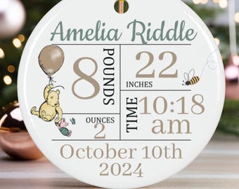 Newborn Birth Stats Ornament, Baby First Christmas Ornament, Baby Keepsake gift, Baby Pooh Ornament, New baby Ornament, Newborn ornament,