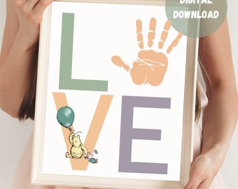Love handprint art, Classic Pooh, gift from baby, DIY Craft Card Art, Baby Toddler, Nursery Wall Art Print, Keepsake Print, baby keepsake