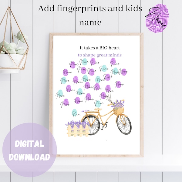 Bicycle with Balloon Fingerprint Wall Art, Teachers thank you gift, End Of The Year Gift, Keepsake From Class, Teacher Appreciation Gifts