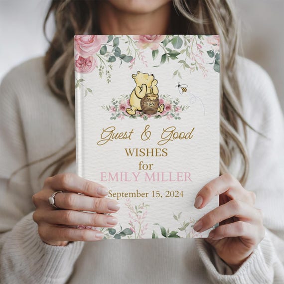 Winnie The Pooh Baby shower Guest Book, Classic Pink Baby girl shower decor, Wishes for baby Guestbook, Pink flowers Baby shower theme