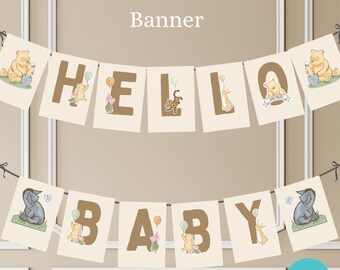 Custom Vintage Winnie the Pooh Baby Shower Banner, Classic Pooh Balloon Garland, Gender Neutral Custom Banner, Name Banner Party Decor