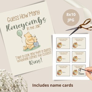 May include: A printable game card with a cartoon Winnie the Pooh character holding a jar of honeycombs. The card says "Guess How Many Honeycombs in the Jar." The card also includes a set of printable name cards for guests to write their names on.