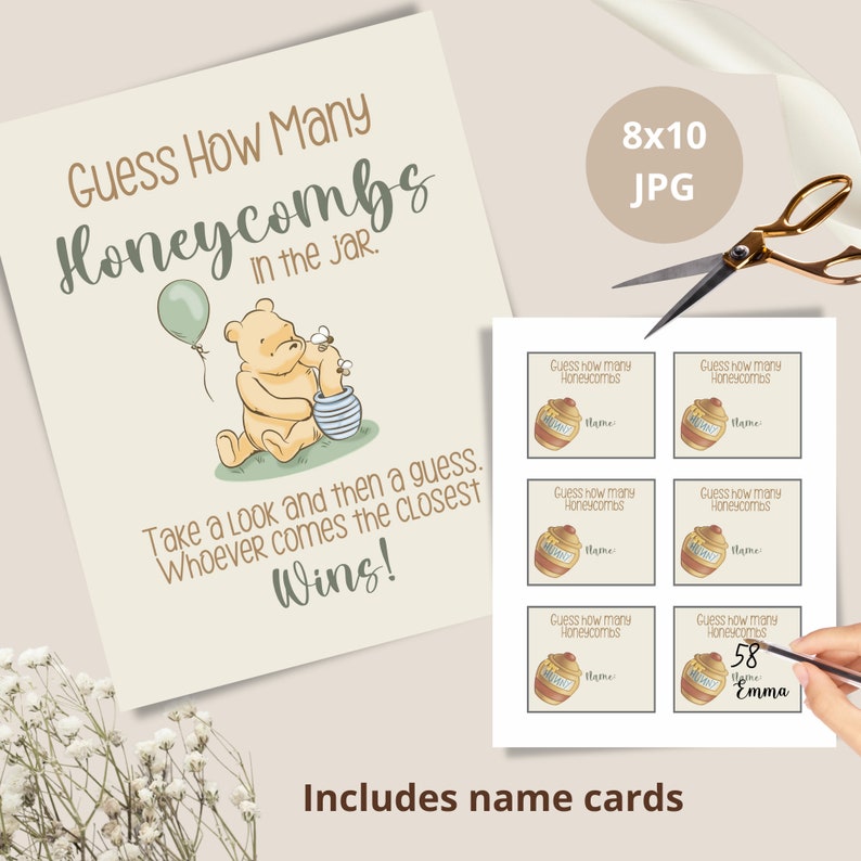 May include: A printable game card with a cartoon Winnie the Pooh character holding a jar of honeycombs. The card says "Guess How Many Honeycombs in the Jar." The card also includes a set of printable name cards for guests to write their names on.