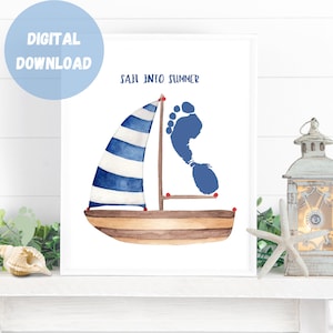 Segeln Sie in den Sommer Fußabdruck Kunst, Boot Fußabdruck Kunst, Sommer Segelboot Fußabdruck Kunst, DIY Sommer Handwerk, Vorschulaktivität, Print Sommer Kunst