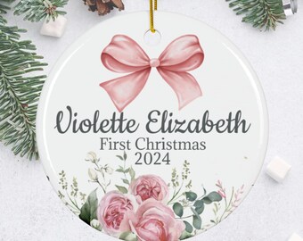 Baby First Christmas Ornament, Pink Bow, Baby Girl Christmas ornament, Personalized Pink Floral Ornament, Coquette Bow Christmas present