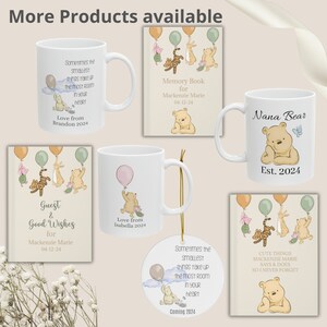 May include: A set of Winnie the Pooh themed personalized products, including mugs, a memory book, a guest book, an ornament, and a mug. The products feature Winnie the Pooh and his friends, and are decorated with pastel colors and floral accents. The text on the products includes the names "Mackenzie Marie" and "Nana Bear", as well as the dates "04-12-24" and "Est. 2024".