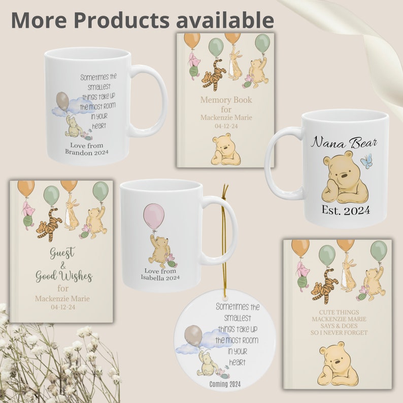 May include: A set of Winnie the Pooh themed personalized products, including mugs, a memory book, a guest book, an ornament, and a mug. The products feature Winnie the Pooh and his friends, and are decorated with pastel colors and floral accents. The text on the products includes the names "Mackenzie Marie" and "Nana Bear", as well as the dates "04-12-24" and "Est. 2024".