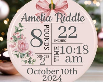 Pink Bow Keepsake Christmas Ornament, Baby Girl First Christmas ornament, birth statistic ornament, birth information stats, New parent gift