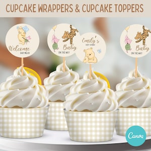 May include: Four Winnie the Pooh themed cupcake toppers with a yellow and white gingham cupcake wrapper. The toppers feature Winnie the Pooh, Piglet, and Tigger. The text on the toppers reads "Welcome Baby Miller", "Emily's Baby Shower", and "Baby on the Way".