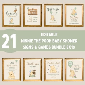 21 bundel klassieke Winnie de Pooh babyshowerborden, Pooh aangepast bord, bewerkbare vintage beer tafeldecor, printbare sjabloon games & tickets