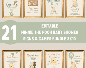 21 Classic Winnie the Pooh Baby Shower Signs Bundle, Pooh Custom Sign, Editable Vintage Bear Table Decor, Games & Tickets Printable Template