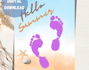 Hallo zomer voetafdruk kunst, strand voetafdruk kunst, zomer handafdruk ambacht voor kinderen, DIY zomer ambacht, voorschoolse activiteit, afdrukbare zomer kunst