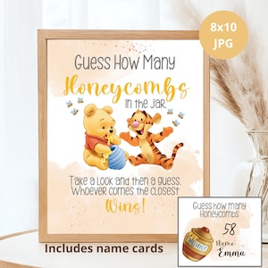Raten Sie, wie viele Honigwaben Zeichen & Antwortkarten, klassische Winnie The Pooh Party Poster Dekoration, Baby Pooh und Tiger Bee Herunterladbar 8 "x 10"