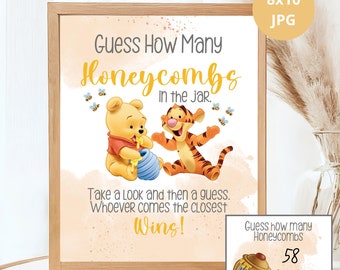 Guess How many Honeycombs Sign & Answer Cards, Classic Winnie The Pooh Party Poster Decoration, Baby Pooh and Tiger Bee Downloadable 8"x10"