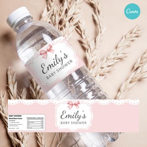 Pink Bow Baby Shower Water Bottle Labels | Coquette Printable & Editable Template for Elegant Baby Girl Party, Party Favor Water Label