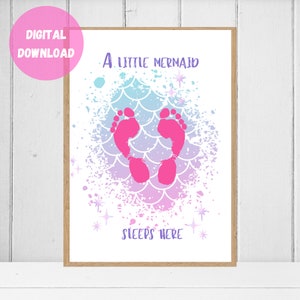 A little mermaid sleeps here, Mermaid Birthday Craft, Mermaid Printable, Summer Handprint, Mermaid Nursery wall art, Summer Craft for Kids