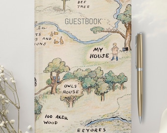 Original 100 Acre Wood Map Guestbook, Classic Winnie the Pooh Guestbook, Baby Shower Birthday Party, Guest and Good Wishes book, Neutral