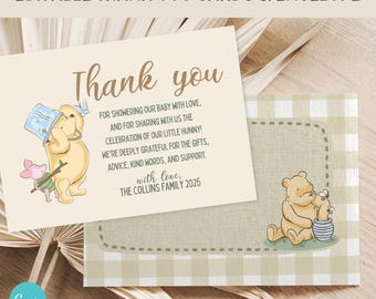 Anpassat tackkort och kuvert, Klassiskt Nalle Puh-tackkort för babyshower utskrivbart, Könsneutral tackmall, Canva