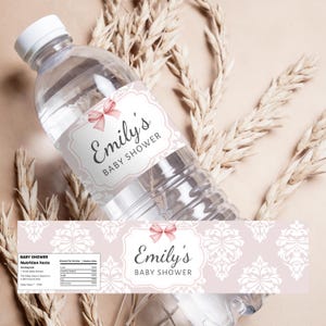 Pink Bow Baby Shower Water Bottle Labels, Coquette Printable Labels, Water Bottle Labels Template Editable, Elegant Baby Girl baby shower