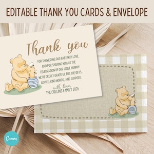 Personalisierte Winnie the Pooh Babyparty Dankeskarte & Umschlag druckbar, Benutzerdefinierte Dankeskarte, Gender Neutral Danke Canva Vorlage