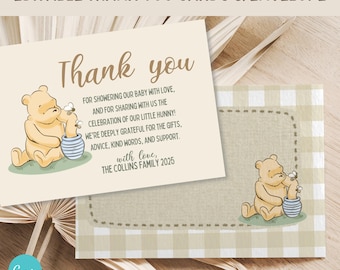 Personligt tackkort och kuvert för Nalle Puh till babyshower, utskrivbart, anpassat tackkort, könsneutral tackmall i Canva