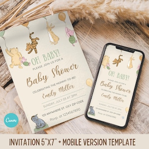 Invitación editable para baby shower de Winnie The Pooh, baby shower vintage de Winnie The Pooh, plantilla imprimible de Pooh, Winnie Pooh clásico y sus amigos
