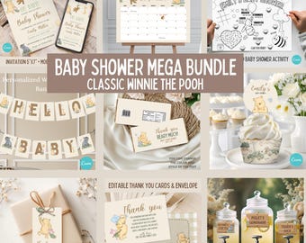 May include: A Winnie the Pooh themed baby shower mega bundle with a variety of printable items, including invitations, thank you cards, a banner, a game, and a cupcake topper. The items are all in a classic Winnie the Pooh style with honeycombs, bees, and Winnie the Pooh himself.
