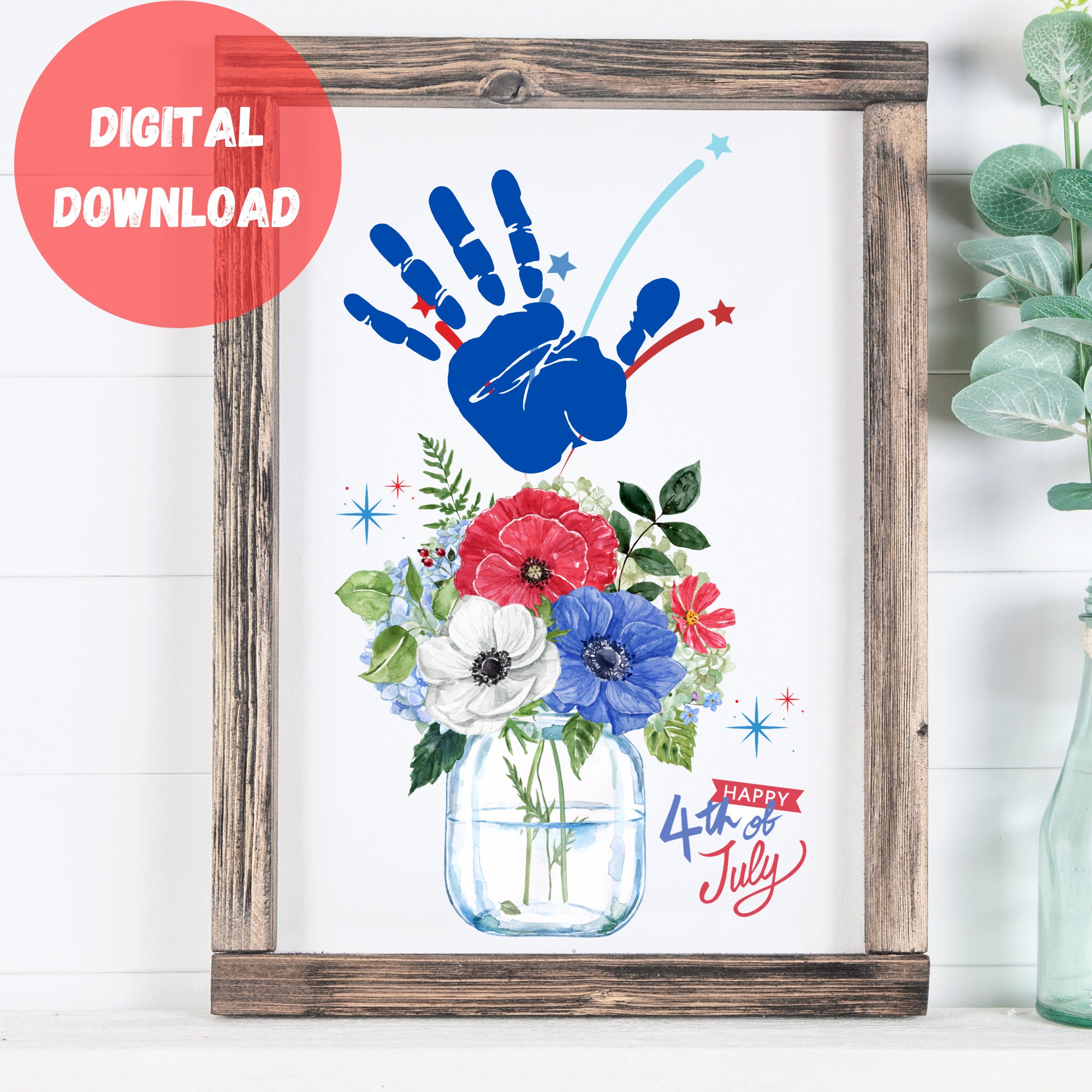 4th July Craft, Patriotic Floral Mason Jar Handprint Art, DIY Patriotic