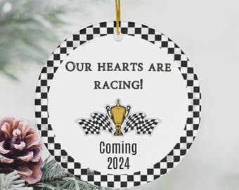 Racing Pregnancy Announcement ornament, Car Racing Baby Announcement, Baby Reveal gift, Race Car, gender neutral, Daddy's little Racing Est