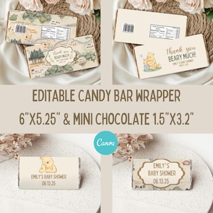 Bearbeitbare Pooh Bär Schokoladenverpackung Beary Much & Mini Schokoriegel, klassische Winnie the Pooh Babyparty Schokoladentafel Verpackung Printable Canva