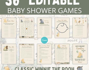 36 Games for Winnie the Pooh Neutral Baby Shower Bundle, Editable Vintage Party Decorations, Printable Custom Baby Shower Games, DIY