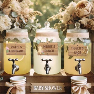 Afdrukbaar Winnie de Pooh-feestdranketiket, aangepast honderd hectare houten feestdranketiket, dranketiketten voor babyshower of verjaardagsdecoratie