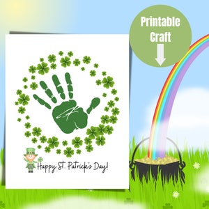 Feliz día de San Patricio imprimible, arte de huellas de manos del día de San Patricio, recuerdo de huellas de manos de trébol, artesanía de huellas de manos, bricolaje para niños, signo de actividad