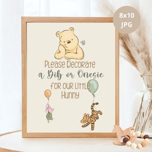 Dekorieren Sie ein Lätzchen oder Strampelanzug Zeichen, Baby Shower Spiel, Klassisches Winnie The Pooh, Vintage Pooh & Friends, Baby Shower Tisch Schild, Party Poster Decor