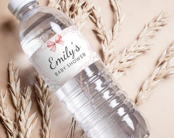 Coquette Baby Shower Water Bottle Labels, Pink Bow Printable Labels, Water Bottle Labels Template Editable, Elegant Baby Girl baby shower