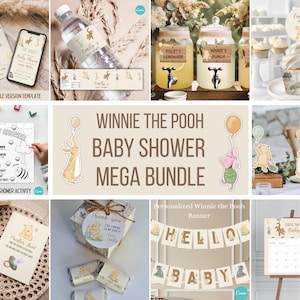 Klassieke bundel Winnie de Poeh-babyshowergames, vintage genderneutraal DIY-decor, bingokaart, digitaal beerspel, afdrukbare aangepaste borden