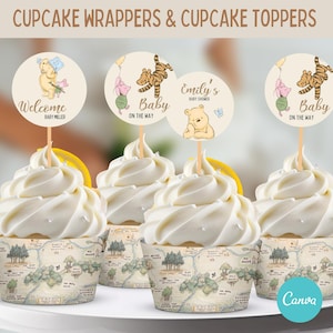 May include: Cupcakes with white icing, decorated with Winnie the Pooh-themed toppers. The toppers show Pooh, Piglet, and Tigger, with text saying "Welcome Baby Miller", "Baby on the Way", and "Emily's Baby Shower". The cupcake wrappers have a map design.