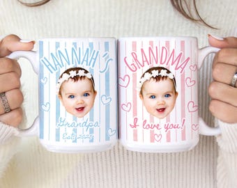 Custom Baby Face Photo Mug: Stripe Baby Picture Cup, New Grandparents Birthday Gift, First Valentines Day Gift, New Grandmother Present