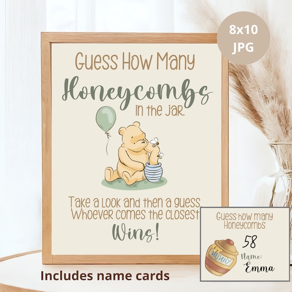 Guess How many Honeycombs Sign & Answer Cards, Classic Winnie The Pooh Party Poster Decoration, Vintage Pooh and friends Downloadable 8"x10"