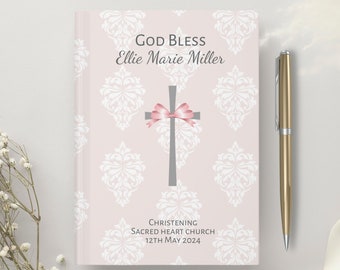 Personalized Baptism Guest Book Bow and Cross, Christening Coquette guestbook, Pink Baptism Guest Book, Baby Girl Christening Guest Book