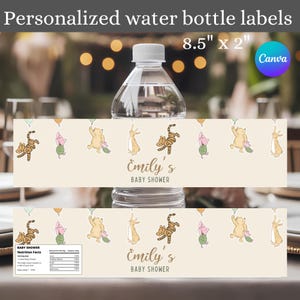 Classic Winnie the Pooh Baby Shower Water Bottle Labels, Bear & friends on Balloons, Printable Labels, Water Bottle Labels Editable Template