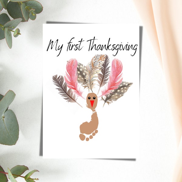 Turkey Footprints Craft, My first Thanksgiving, Fall Craft, Baby First Thanksgiving, Thanksgiving Art Craft, Keepsake Memory DIY Print card