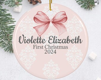 Pink Bow Girl 1st Christmas Ornament, Baby Girl First Christmas ornament, Personalized Baby Girl Ornament, Coquette Bow Christmas present