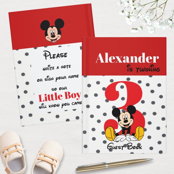 Personalized Mickey Mouse Birthday Guestbook, Is turning, Boy Mickey Birthday Party Decoration, Mickey mouse party, Classic Mickey keepsake