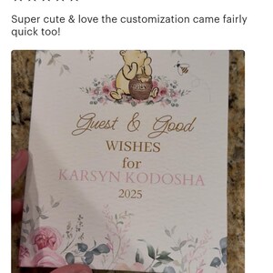 Winnie The Pooh Baby shower Guest Book, Classic Pink Baby girl shower decor, Wishes for baby Guestbook, Pink flowers Baby shower theme image 2